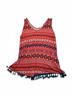 Boho Coral V-Neck Aztec Tank with Navy Tassel Hem